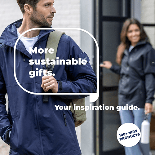 Text reads: More sustainable Gifts. End of Year 2023 Magazine. Your inspiration guide. Background image two people walking out of a door with coats and backpacks on.